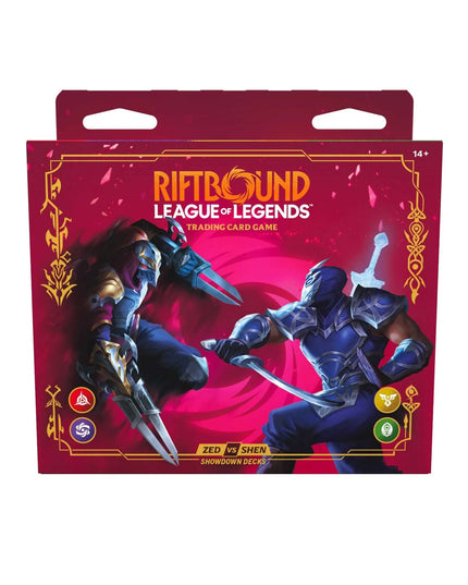 RELEASE 31ST JULY: Riftbound: League of Legends Trading Card Game - Vendetta Showdown Decks Zed Vs Shen Display